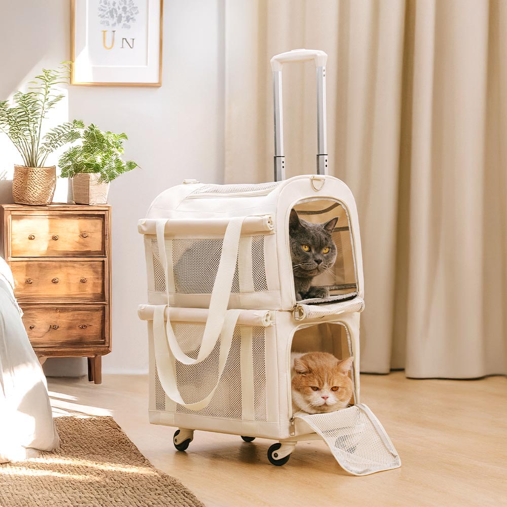 Double-Layer Spacious Multi-Cat Travel Rolling Pet Carrier Bag with Wheels
