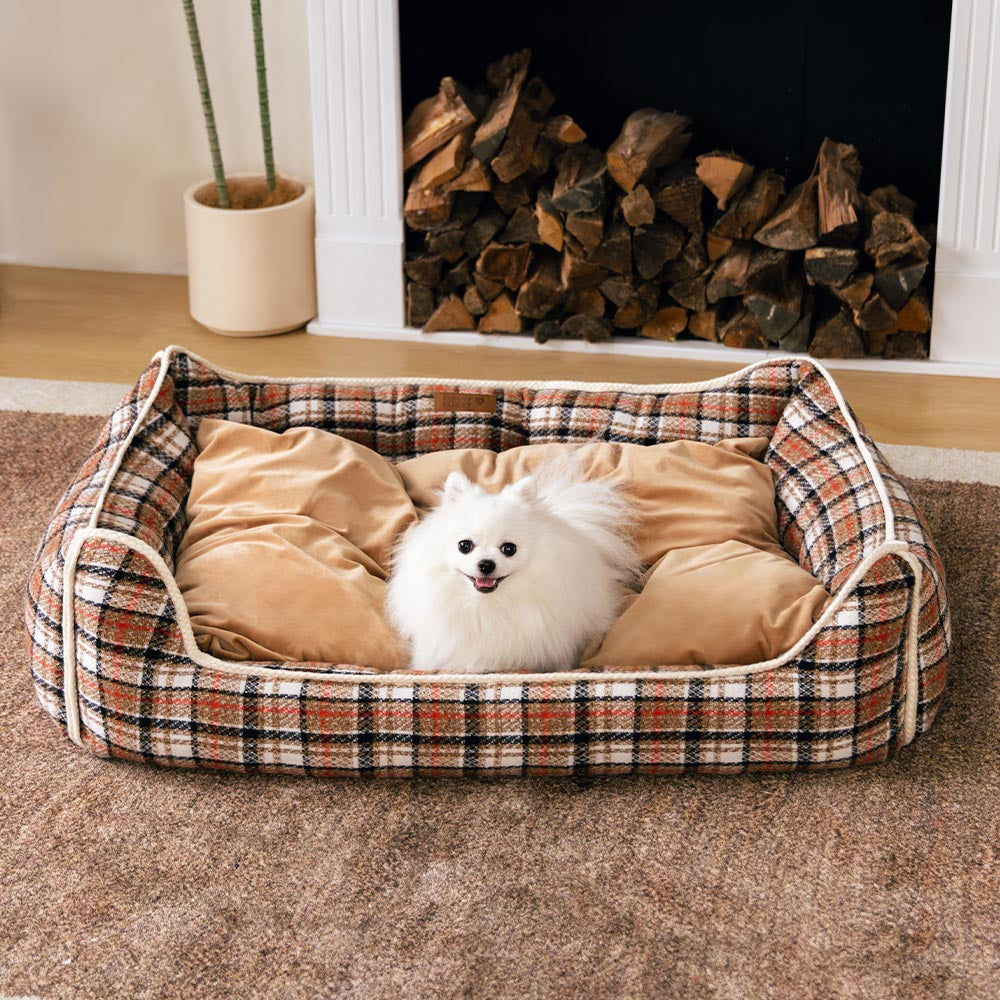 Bed de perro calmante de perros de refuerzo retro a cuadros clásico - Retiro nostálgico