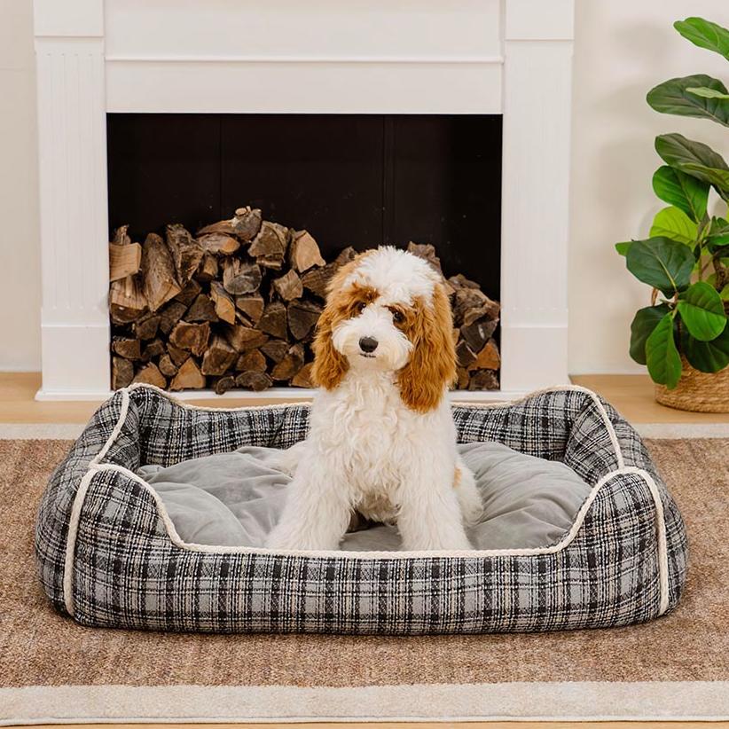 Bed de perro calmante de perros de refuerzo retro a cuadros clásico - Retiro nostálgico
