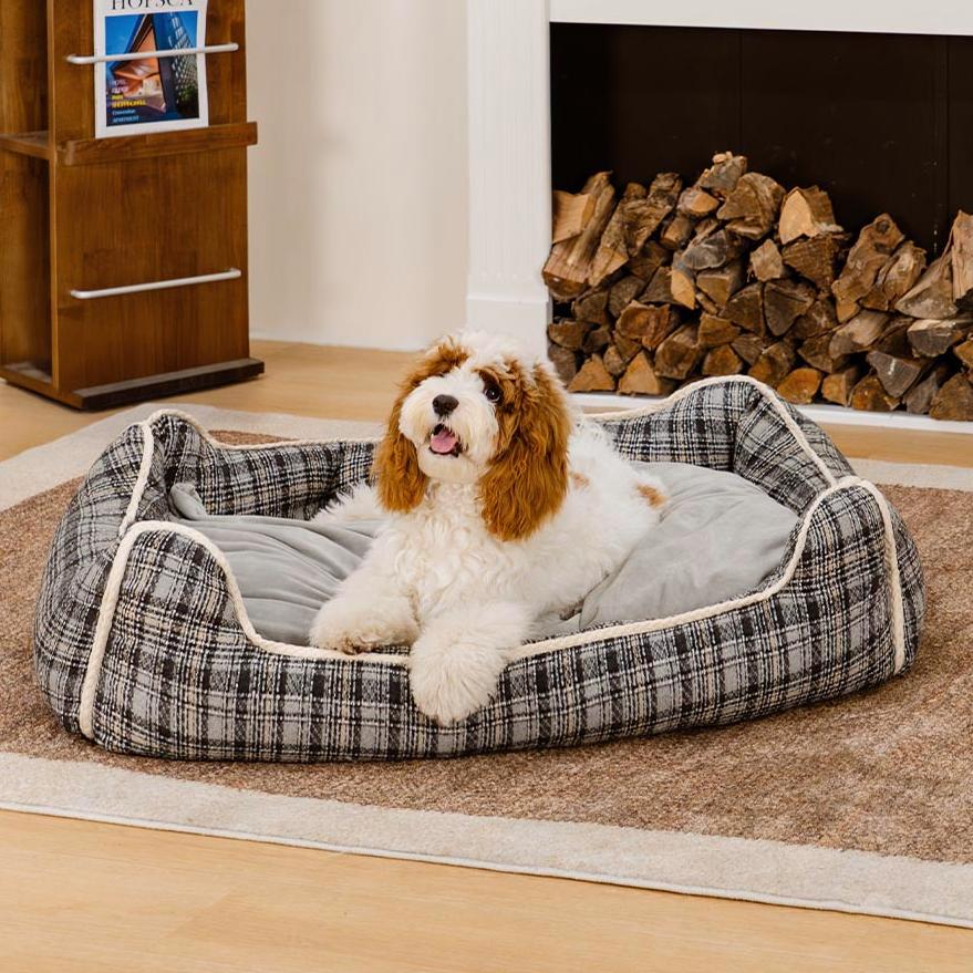 Bed de perro calmante de perros de refuerzo retro a cuadros clásico - Retiro nostálgico