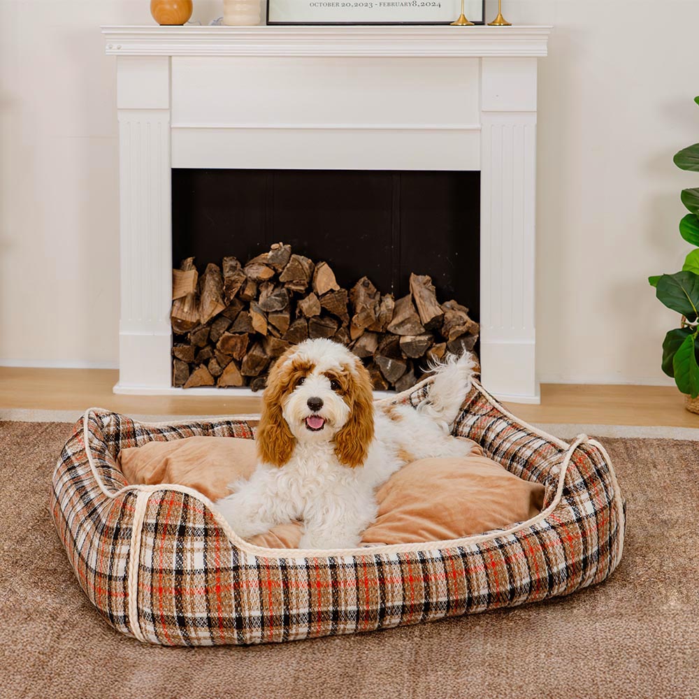 Bed de perro calmante de perros de refuerzo retro a cuadros clásico - Retiro nostálgico