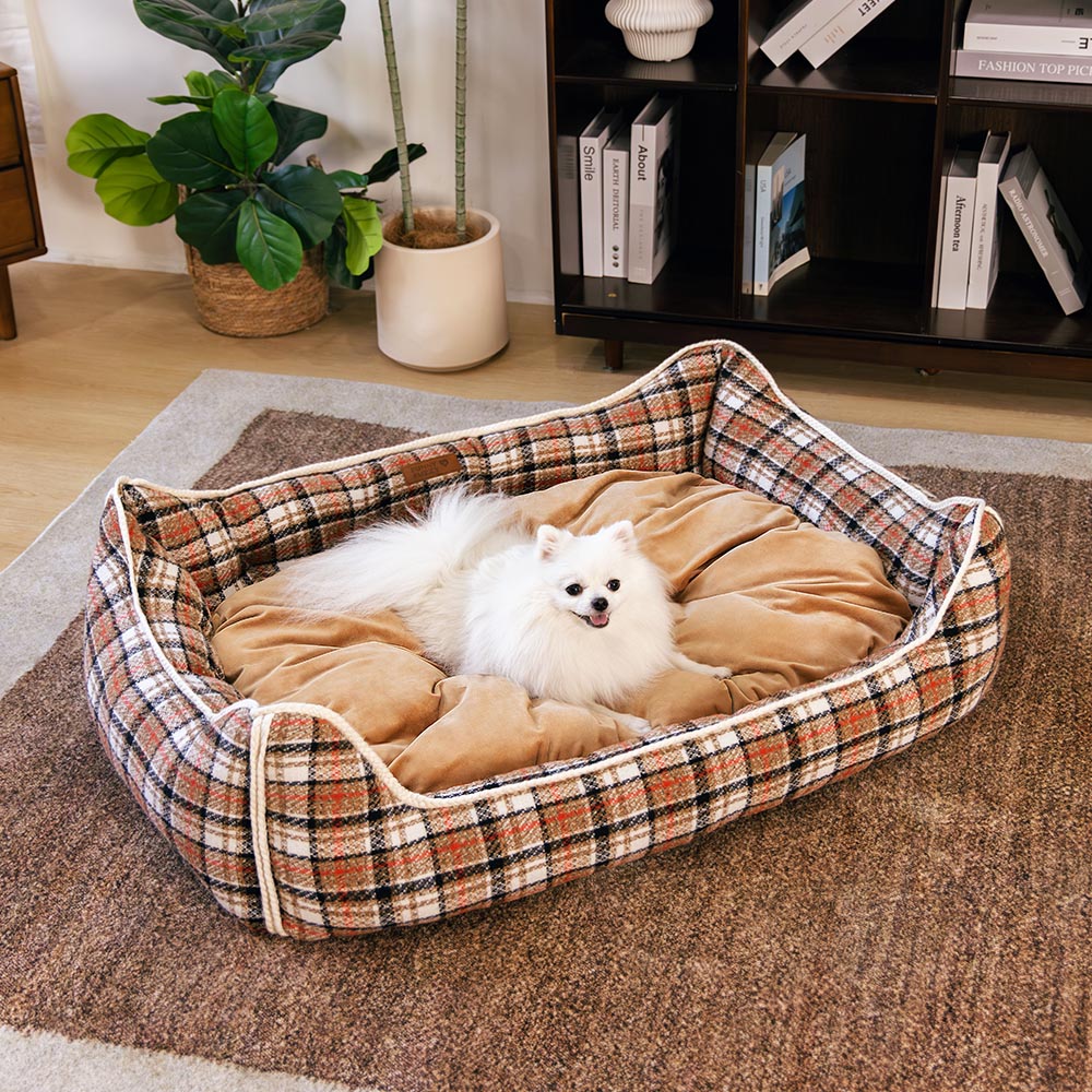 Bed de perro calmante de perros de refuerzo retro a cuadros clásico - Retiro nostálgico