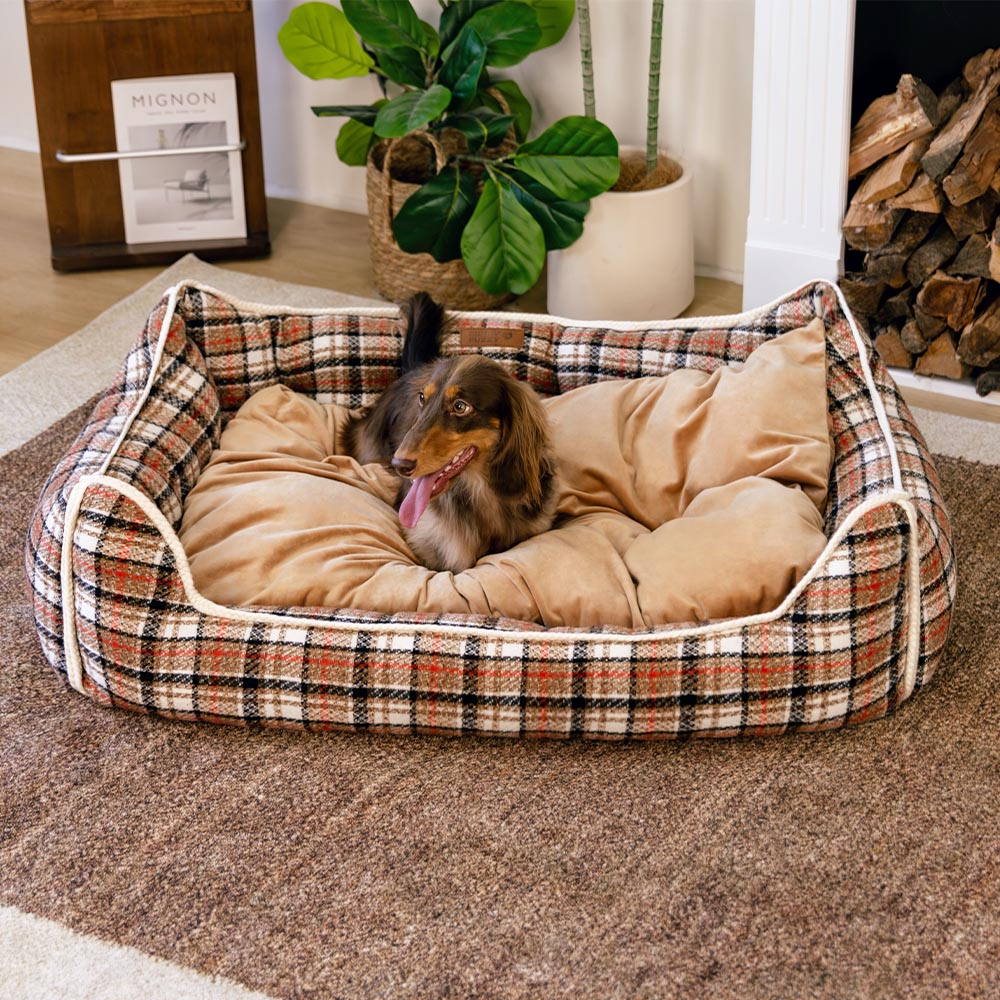 Bed de perro calmante de perros de refuerzo retro a cuadros clásico - Retiro nostálgico