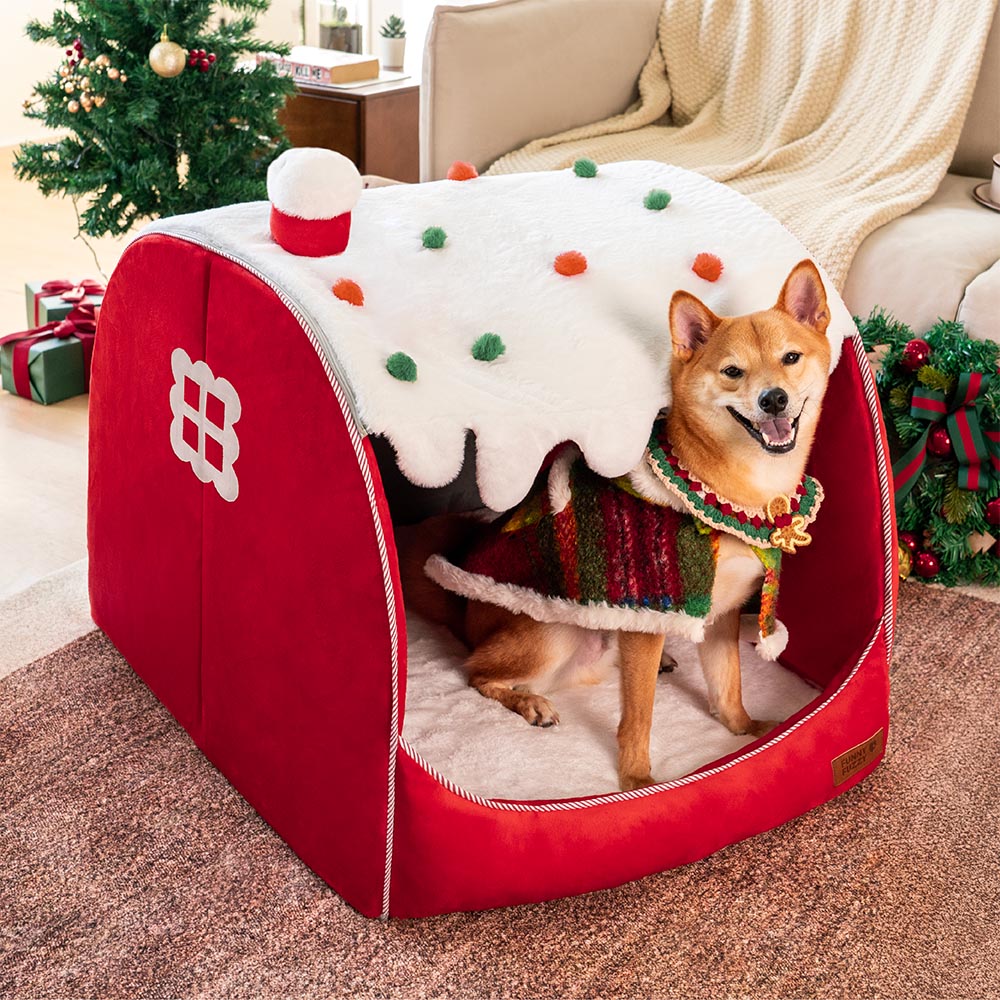 Cama de perros ortopédico festivo de la casa de nieve - Calidez de Navidad