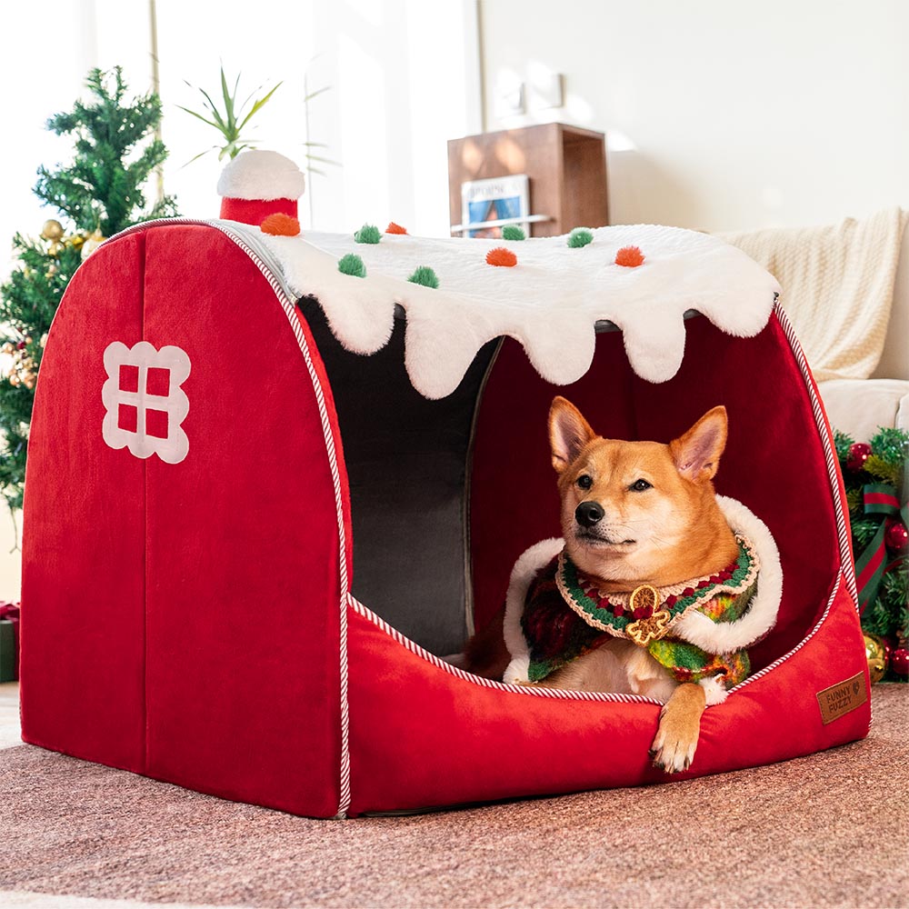 Cama de perros ortopédico festivo de la casa de nieve - Calidez de Navidad