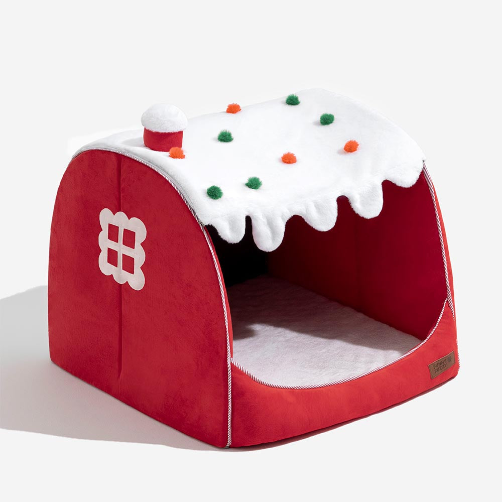 Cama de perros ortopédico festivo de la casa de nieve - Calidez de Navidad