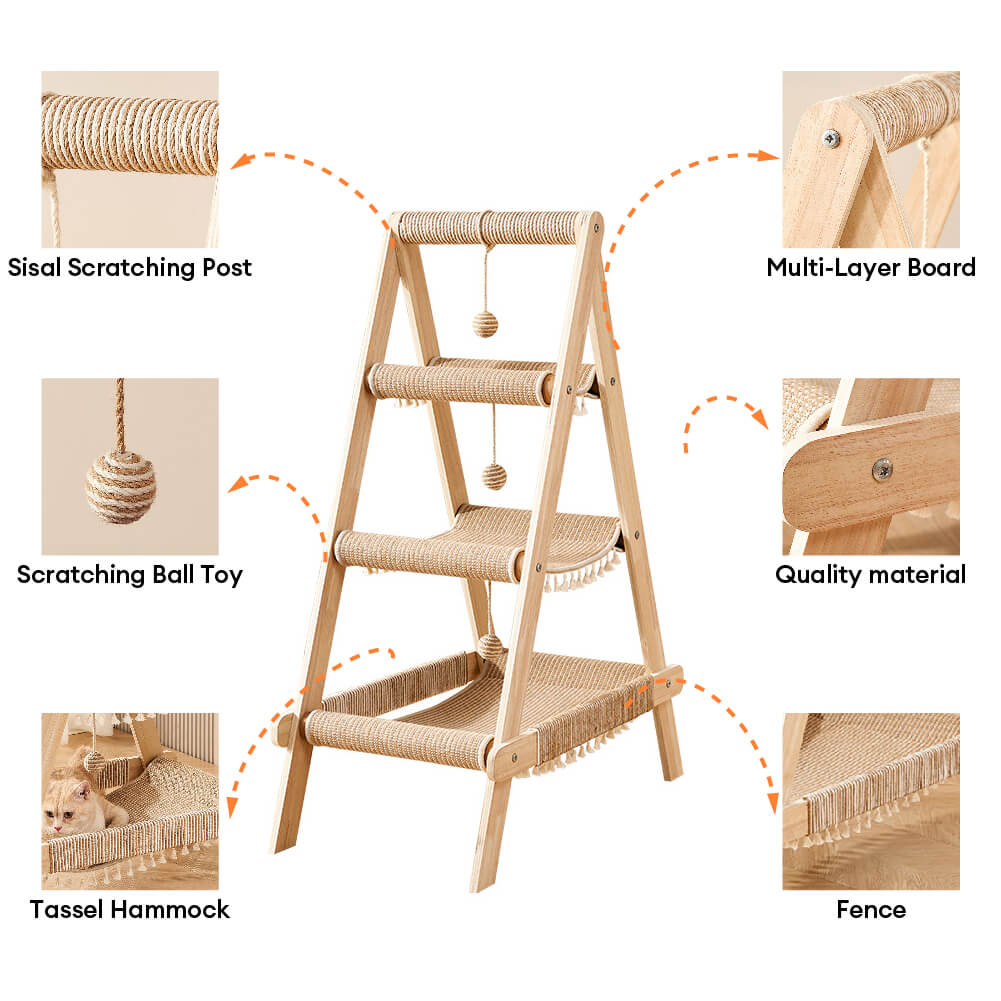 Sturdy Tripod Wooden Sisal 2-in-1 Cat Hammock Cat Tree