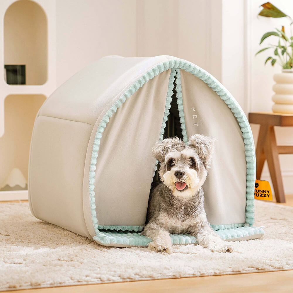 Cama de cachorro fechada para casa de animais de estimação com cortina dupla