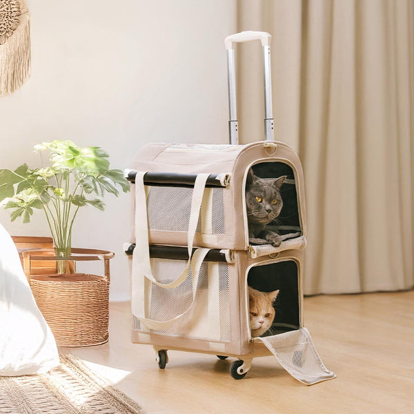 Double-Layer Spacious Multi-Cat Travel Rolling Pet Carrier Bag with Wheels