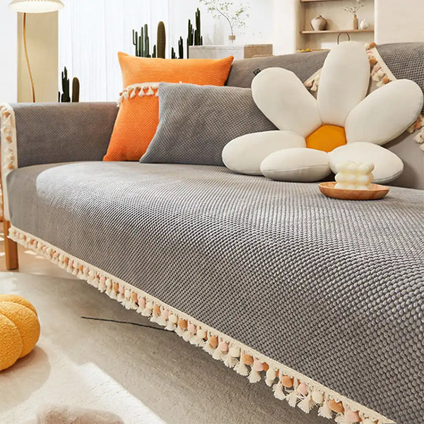 Boho Corduroy Durable Sofa Protector Couch Cover with Tassels