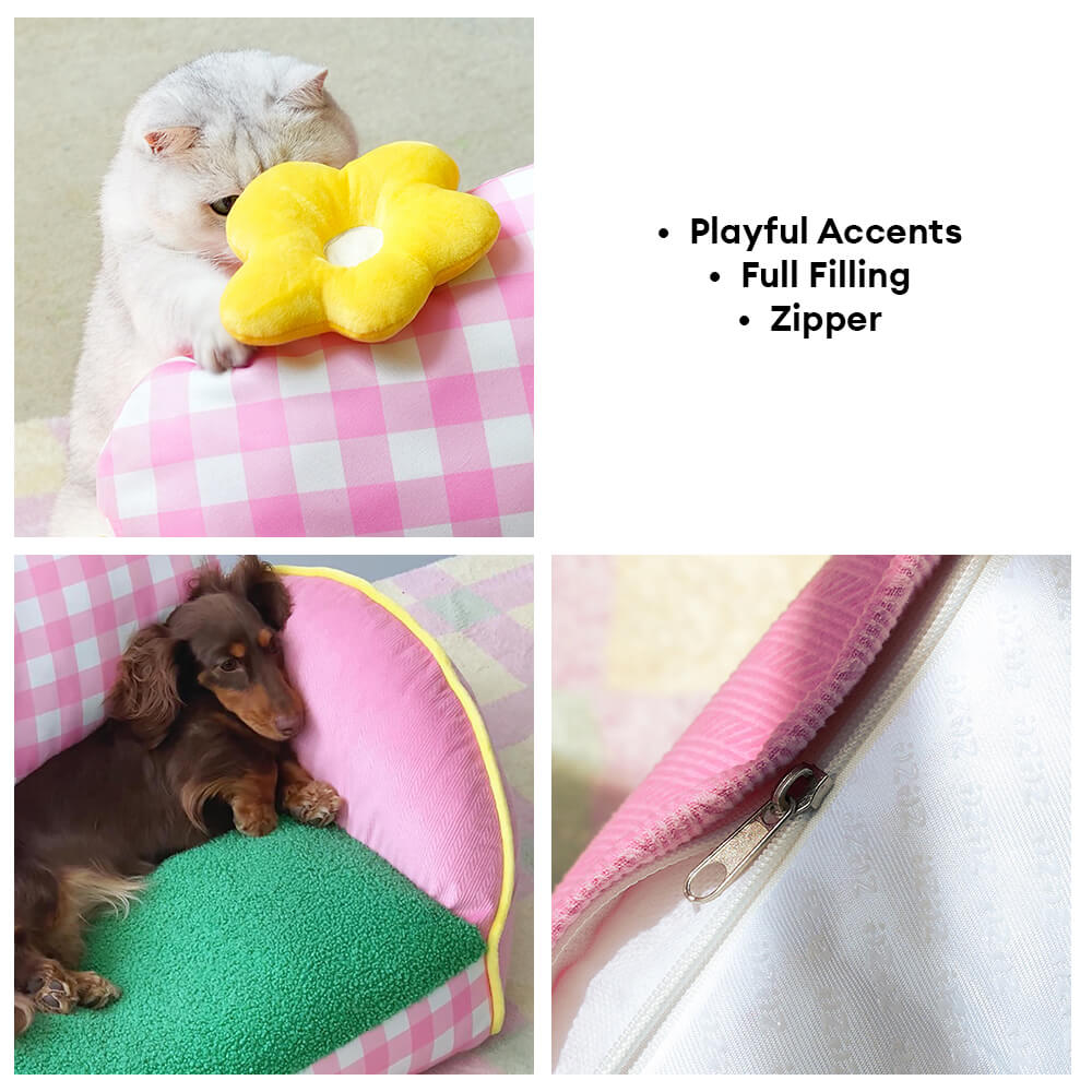 Charming Pink Checkered Washable Dog & Cat Sofa Bed