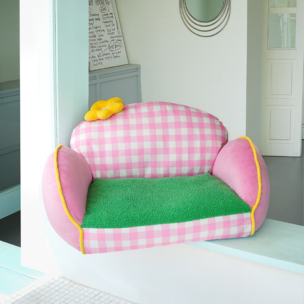 Charming Pink Checkered Washable Dog & Cat Sofa Bed