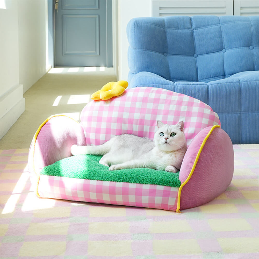 Charming Pink Checkered Washable Dog & Cat Sofa Bed